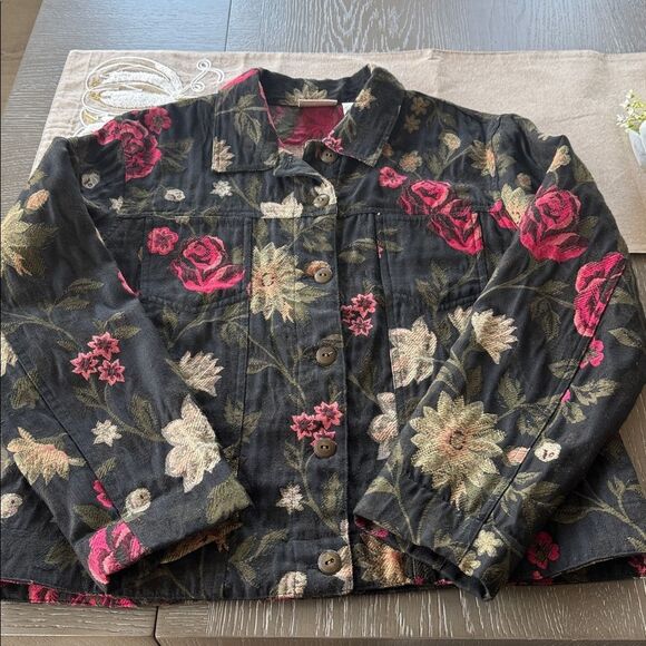 Chicos Vintage Black Floral Tapestry Jacket Coat Button Down Classic Size 2 (L) - Picture 4 of 14